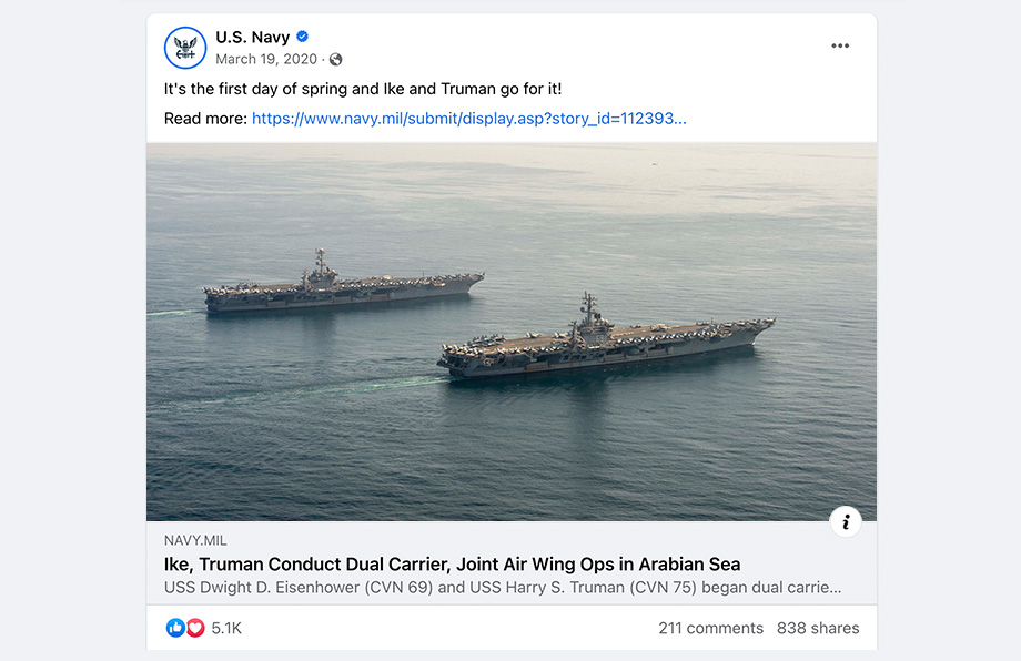 Image of a tweet from the U.S. Navy stating, "It's the first day of Spring and Ike and Truman go for it!" The image within the Tweet shows the carrier ships USS Dwight D. Eisenhower and the USS Harry S. Truman sailing in the Arabian Sea.