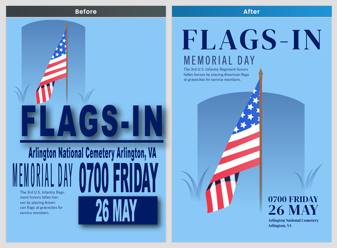 An improved design of the sample poster, Design B, presented in scenario 1. Design B includes information about a Memorial Day celebration.