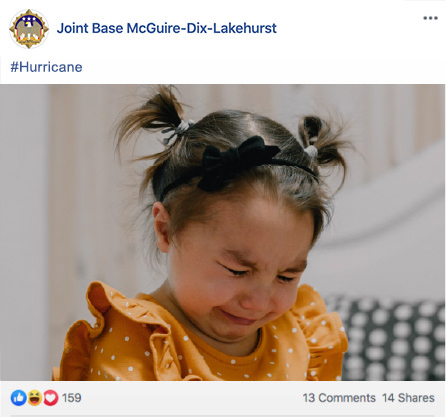 Simulated social media post from Joint Base McGuire-Dix-Lakehurst that reads, "#Hurricane" with a GIF of a baby throwing a tantrum. 
